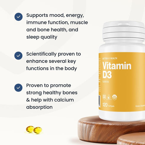 Vitamin D3 5000 IU, Better Way Health, High Potency Softgel Supplement for Immune & Bone Health, 120 Softgels