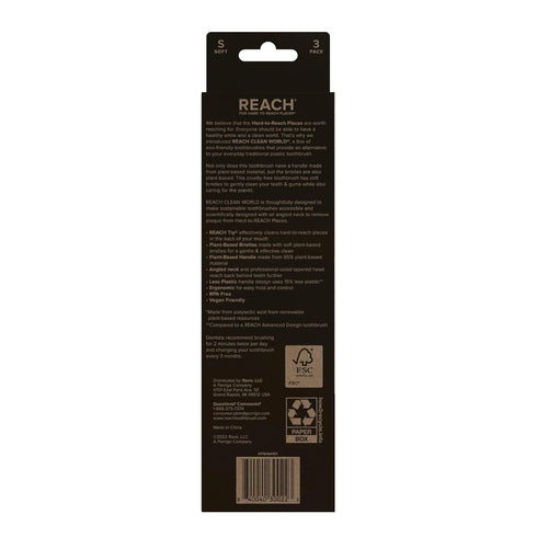 Packaging, 3 Count Reach Clean World Plant-Based Toothbrush, Soft Bristles, Vegan Friendly, Recyclable