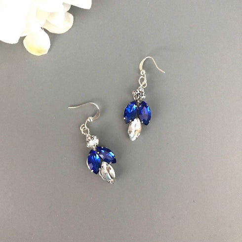 Women Royal Sapphire Crystal Blue Pearl Earring Hair Vine Set, Silver Wedding Hair Accessory for Bride