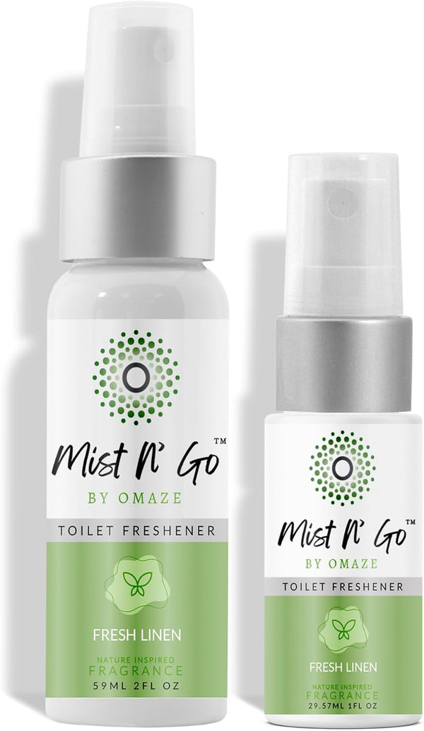 Omaze Mist N’ Go Travel Bathroom Spray - Toilet Odor Eliminator & Air Freshener - Fresh Linen Daily Pack (2oz x1 + 1oz