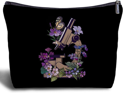 Floral Microscope Canvas Makeup Bag, Microbiology Science Teacher Gift, Science Women's Zippered Bag