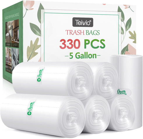 Teivio 5 Gallon Strong Trash Bags, 330 Counts, Clear Garbage Bags for Home Office Kitchen