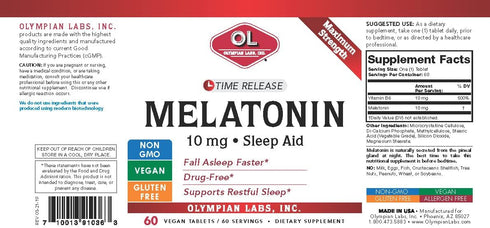 Olympian Labs Melatonin 10mg Time Release with Vitamin B6 | 60 Vegan Tablets | Maximum Strength, Drug-Free Sleep Aid