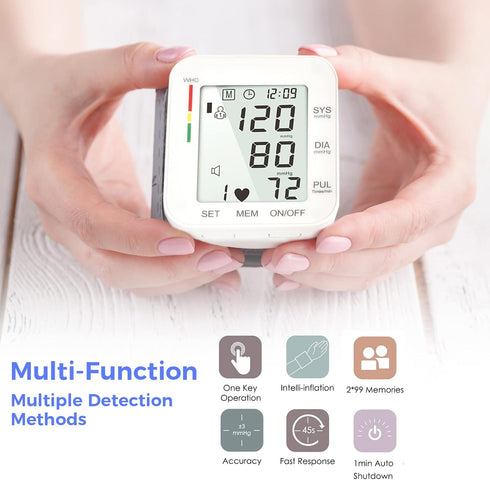 MMIZOO Wrist Blood Pressure Monitor, Large LCD Display, Adjustable Cuff, Automatic Memory with Carrying Case for Home