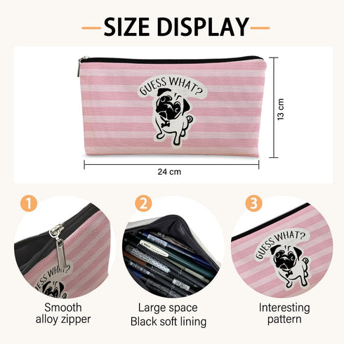 Pug Gifts for Pug Lovers - Pink Stripe Makeup Bag, Cute Pug Canvas Zipper Pouch, Funny Pug Butt Gifts