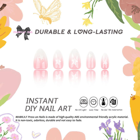 Press on Nails Short Almond MABKJLF, Pink Full Cover French Fake Nails with Star Designs for Women & Girls