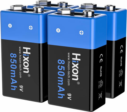 Hixon Rechargeable 9V Batteries 850mAh High Capacity 9V Batteries (4 Pack) 9 Volt