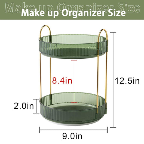 Rotating Makeup Organizer for Vanity 2 Tier, High-Capacity Skincare Clear Make Up Storage Perfume Organizers Cosmetic Dresser Organizer Countertop 360 Spinning (Green)