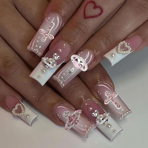30 Pcs Nail Charms Pink Y2k Chrome Rhinestone Charms, 3D Cross Snake Saturn Shape with Planet Nail Gems