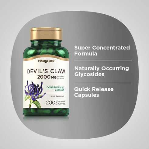 Piping Rock Devils Claw 2000mg - 200 Capsules Herbal Supplement Concentrated Extract for Joint Support