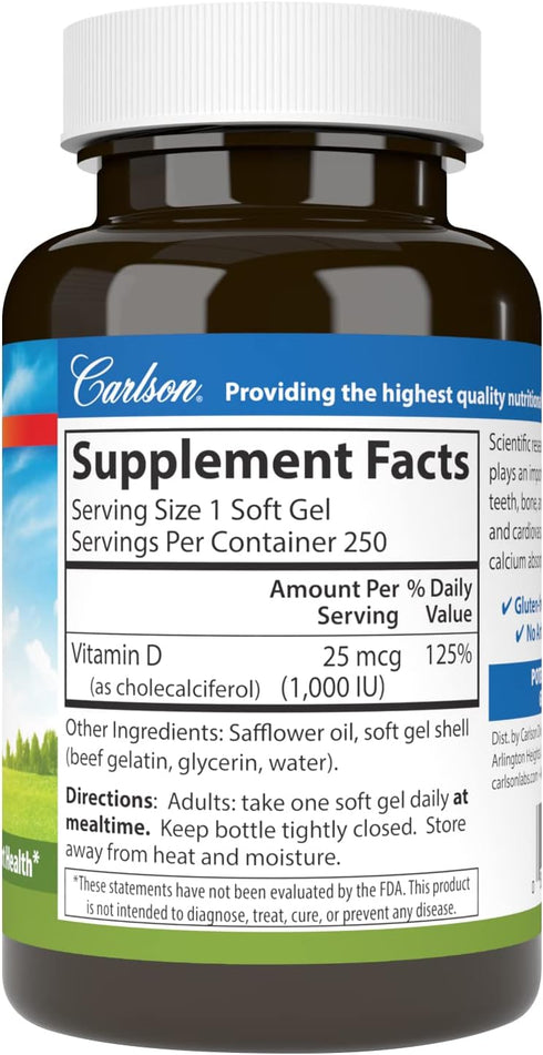 Carlson Vitamin D3, 1000 IU, 250 Softgels