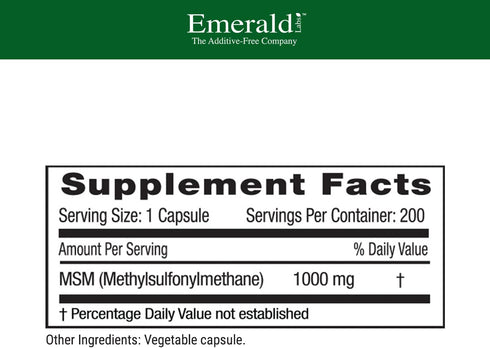 EMERALD LABS MSM 1000mg - Joint, Liver & Immune Support Supplement with Methylsulfonylmethane - Gluten-Free & Additive-Free - 200 Vegetable Capsules (Up to 100-Day Supply)