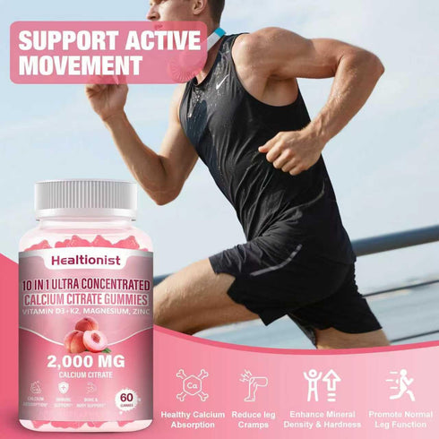Healtionist 2 Packs 2000mg D3 K2 Gummies Immune 120 Counts Gummies Calcium Citrate with Vitamin Supplements for Women