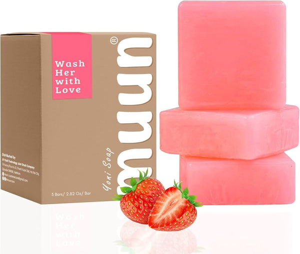 Muun Strawberry Yoni Soap Bar - Pack 3 pH Balancing Cleanser -