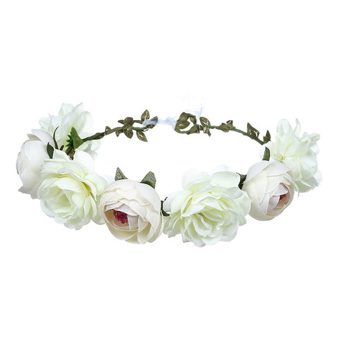 June Bloomy Women Rose Floral Crown Hair Wreath Leave Headband with Adjustable Ribbon (White)