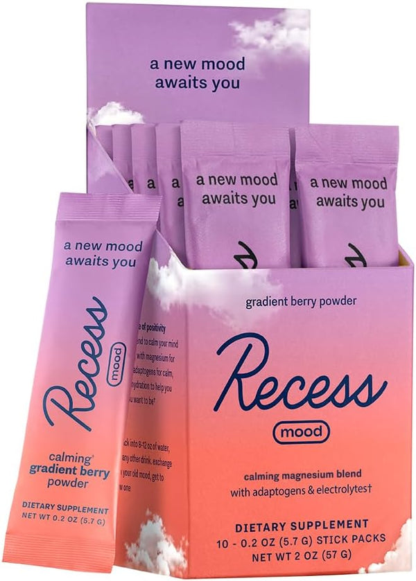 Recess Mood Powder, Calming Magnesium L-Threonate Blend with Passion Flower, Pack of 10 Electrolytes Supplement
