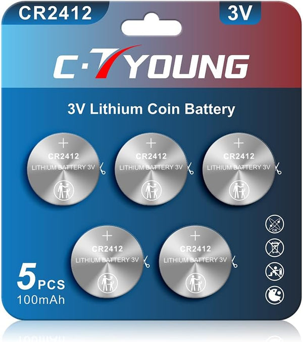 CR2412 Lithium 3V Batteries, 5 Pack for Car Key Fob and Smart Watch Replacement