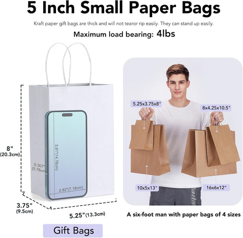 GSSUSA White Paper Bags, 5.25x3.75x8, 20 Pcs, Small Gift Bags with Handles for Shopping, Craft, Grocery