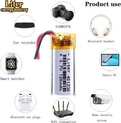3.7V Lipo Battery 120mAh, Rechargeable Lithium Polymer 401230 with Two Lines