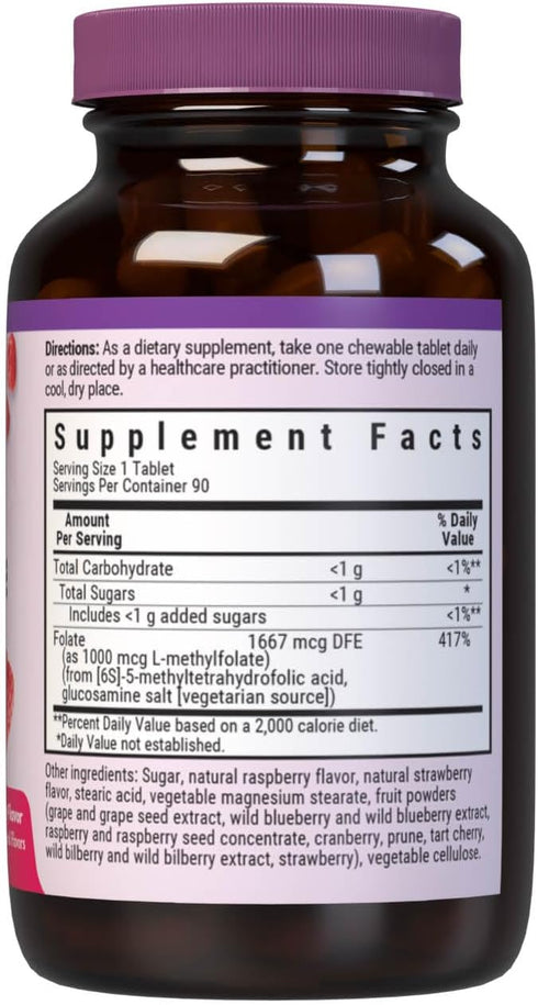Bluebonnet EarthSweet Methylfolate 1000 mcg Supplement - Prenatal & Energy Support - 90 Chewable Tablets