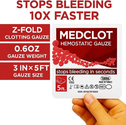 MEDCLOT 12/2029 5ft clotting Gauze Z-Fold Quick Clotting Hemostatic Dressing Stops Bleeding Fast Hemostatic Gauze