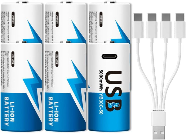 YUEBVIWIE Rechargeable Lithium C Batteries with 2 in 1 USB-C Charge Cable, C