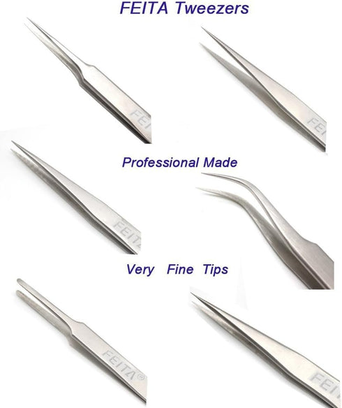 Professional Tweezers Set - FEITA Precision Tweezers with Travel Case - Silver 7Pcs