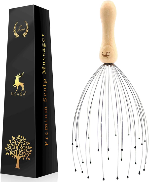 USAGA 28 Finger Head Scratcher, Head Massager, Scalp Massager for Relaxing, Wood Handle (1 Pack)