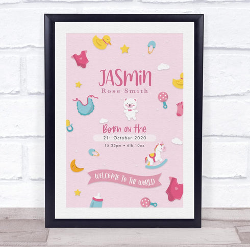 The Card Zoo New Baby Birth Details Christening Nursery Toys Pink Keepsake Gift Print