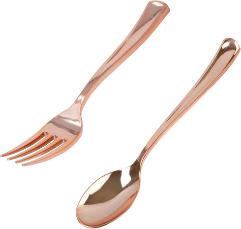 48Pcs Party Disposable Plastic Mini Forks and Spoons Set Polished Gold Cutlery Plastic Tasting Spoons Flatware Forks and Spoons for Small Appetizers and Desserts, Rose Gold by mollensiuer