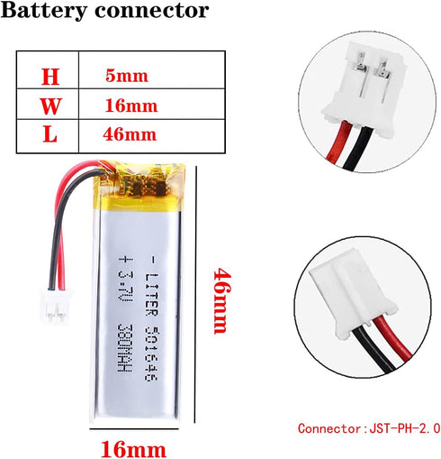 3.7V Lipo Battery 380mAh, Rechargeable Lithium Ion Polymer Battery 501646 with JST Connector