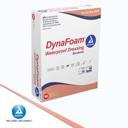 Dynarex Dynafoam Waterproof Bordered Adhesive Foam Wound Dressing Bandage, 10 Count, 4" x 4"