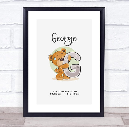 The Card Zoo New Baby Birth Details Christening Nursery Bear Initial G Keepsake Gift Print