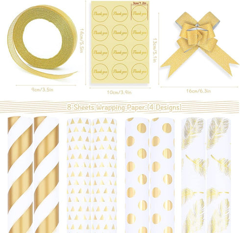 Gift Wrapping Supplies,8 Sheets White Gold Gift Wrapping Paper with 10 Pull Bows 24 Yard Glitter Ribbon and 12 Thank You Lable Sticker for Birthday Gift Wrap Christmas Gift Packing DIY Paper Craft