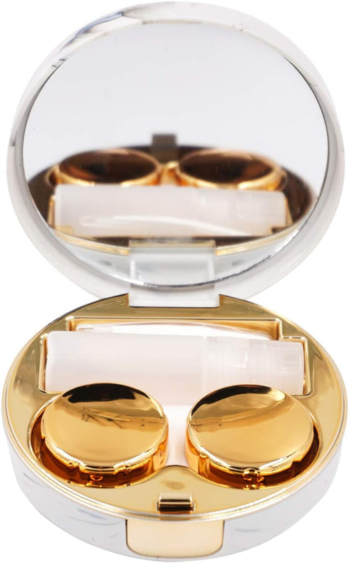 Honbay Fashion Marble Contact Lens Case, Portable Box Kit with Mirror (Round) (Gold)