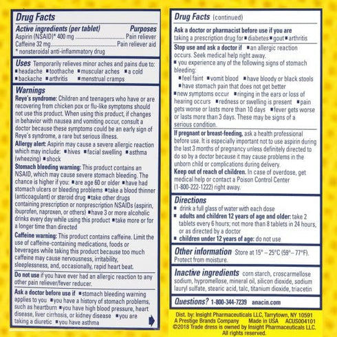 Anacin Fast Pain Relief Aspirin Tablets, 300 Tablets (Pack of 3)