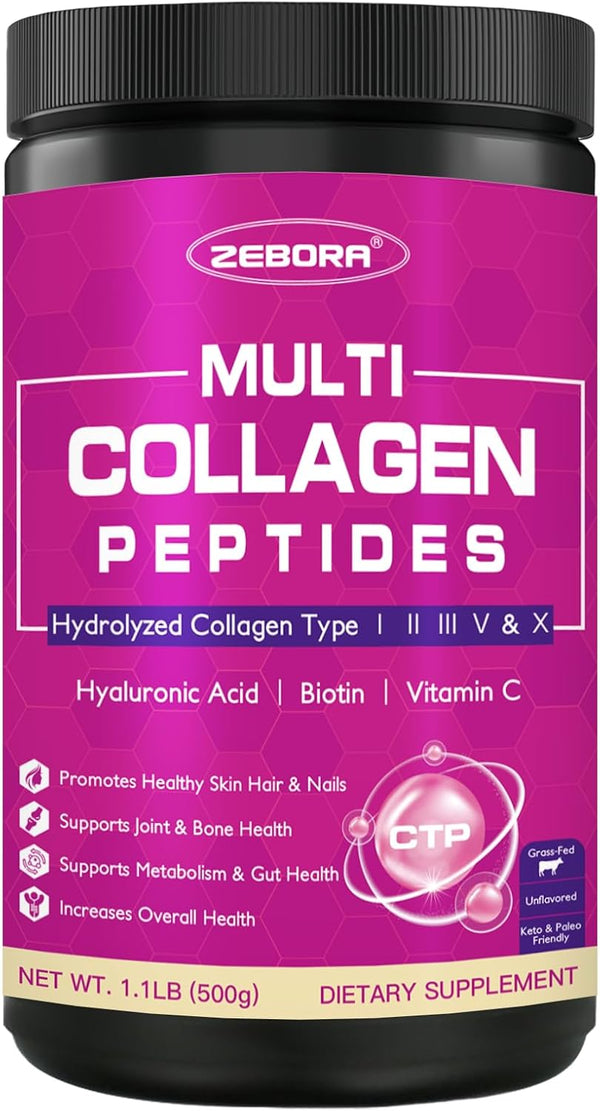 ZEBORA Collagen Peptides Powder | 50 Servings | Hydrolyzed Multi Collagen Type I II III V X with Hyaluronic Acid &