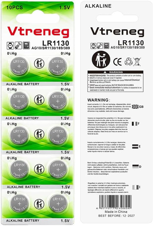 Vtreneg 10 Pack LR1130 L1131F LR54 L1131C 189 389 390 AG10 1.5V Battery Alkaline Battery for Sound Book Button Cell