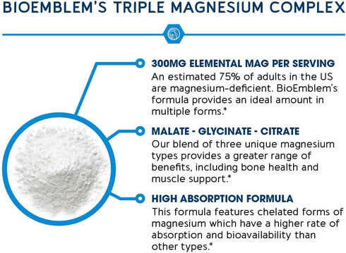 BioEmblem Triple Magnesium Complex - 300mg of Magnesium Glycinate, Malate, & Citrate for Muscles, Nerves, & Energy -