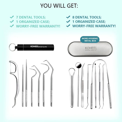 KOHEEL Dental Tools Set, 8 Count Teeth Cleaning Tools, Metal Case, Oral Care Hygiene Kit & Toothpicks