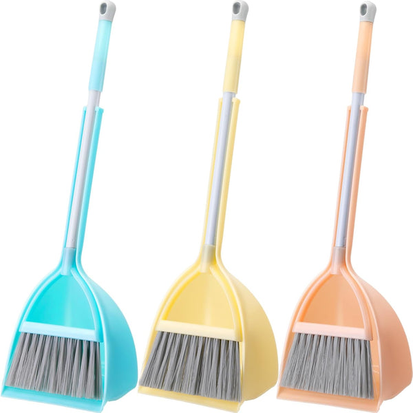 Mini Broom and Dustpan Set for Kids, 3 Pcs Toddler Cleaning Set in Yellow, Red, Green - Small Cleaning Set for Kitchen,