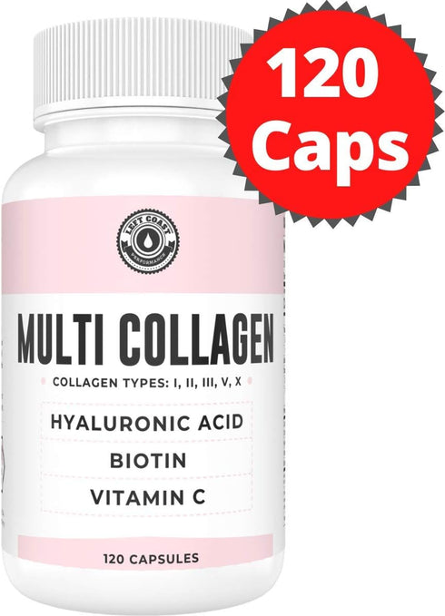 Collagen Capsules with Biotin, Hyaluronic Acid, Vitamin C - 120 Count Hydrolyzed Multi Collagen Peptide Supplement