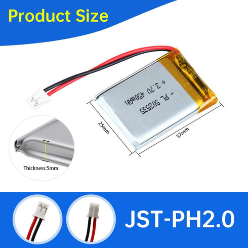 502535 3.7V Lipo Battery, 450mAh Rechargeable Lithium Polymer Pack with JST PH2.0mm Connector