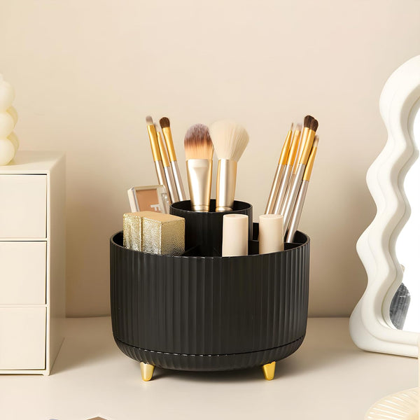 360 Rotating Makeup Brush Holder Organizer, 5 Slot Cup for Cosmetics, Nail Polish, Bathroom Vanity, Black