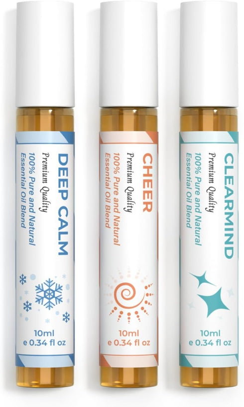 Set Essential Oil (Deep Calm, Cheer, ClearMind), Aromatherapy Roll On Blends for Massage, Body Care & Home Use, Great