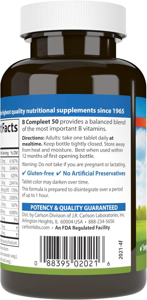 Carlson - B Compleet 50, Balanced Vitamin B Complex, 100 Tablets for Energy Production & Cellular Support