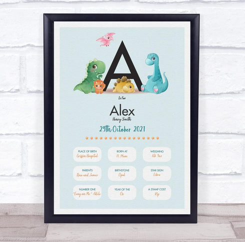 The Card Zoo New Baby Birth Details Christening Nursery Dinosaur Initial A Gift Print