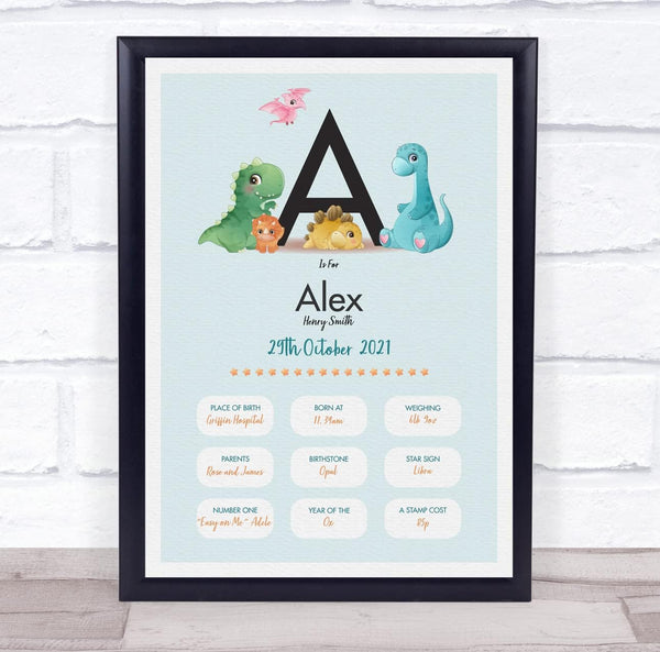 The Card Zoo New Baby Birth Details Christening Nursery Dinosaur Initial A Gift Print