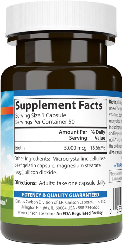 Carlson - Biotin, 5000 mcg, Healthy Hair, Strong Nails & Energy Production, 50 Capsules