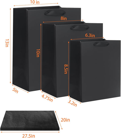 QIELSER 12 Pack Black Gift Bags with Ribbon Handles, Kraft Paper Gift Bags with Tissue Paper 3 Different Sizes in 8.5", 10" and 13" for Party Favor, Wedding, Retail, Business, Graduations